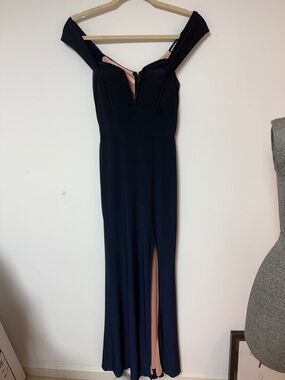 City Studio Navy One-Shoulder Evening Gown with Blush Lining